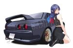  1girl ass black_shirt blue_hair boots brown_eyes colored_tips commission dark_blue_hair earrings hair_behind_ear hand_on_own_thigh heart heart_earrings highres indie_virtual_youtuber jewelry koima_rinne looking_at_viewer multicolored_hair nissan nissan_skyline nissan_skyline_gt-r nissan_skyline_r32 pointy_ears red_hair sample_watermark seiza shadow shirt signature sitting skeb_commission sleeveless sleeveless_shirt smile solo spoiler_(automobile) vehicle_focus virtual_youtuber white_background zono_(inokura_syuzo029) 