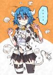  1girl absurdres animal_print bell black_skirt black_thighhighs blue_hair blush breasts cleavage closed_mouth cow_girl cow_horns cow_print cow_tail cowbell highres horns jacket jashin-chan_dropkick large_breasts miniskirt minos_(jashin-chan_dropkick) neck_bell print_jacket red_eyes shirt short_hair sketch skirt solo striped striped_thighhighs tail thighhighs torn_clothes torn_shirt torn_skirt track_jacket white_shirt yuuki_shushu 