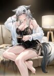  1girl animal_ear_fluff animal_ears arknights bare_legs bare_shoulders barefoot black_nightgown blue_eyes breasts coffee couch cup grey_eyes grey_hair hair_ornament hairclip highres holding holding_cup jewelry lamppost lappland_(arknights) long_hair medium_breasts nightgown on_couch ring scar scar_across_eye solo stardust_(chen&#039;ai_weiding) tail toenails wedding_ring white_hair wolf_ears wolf_tail 
