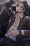  1boy arm_up black_hair black_jacket black_pants chair chifu_s2 closed_mouth collarbone collared_shirt cowboy_shot earrings green_eyes grey_background hand_on_own_head highres jacket jewelry male_focus matsuno_chifuyu pants partially_unbuttoned shirt short_hair single_earring sitting solo tokyo_revengers twitter_username watch white_shirt wristwatch 
