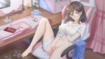  1girl ahoge airpods barefoot blush bottomless breasts brown_hair chair cleavage clock clothes_lift collarbone computer covered_nipples digital_clock female_masturbation gaming_chair glasses grabbing_own_breast grey_eyes hair_between_eyes hand_under_clothes hand_under_shirt highres indoors kaede_uehara keyboard_(computer) large_breasts long_bangs masturbation medium_hair monitor mouse_(computer) navel no_bra open_mouth original panties panties_around_one_leg paw_print pussy_juice see-through shirt shirt_lift short_sleeves sitting solo spread_legs striped striped_panties swivel_chair taut_clothes taut_shirt tissue_box towel underwear white_shirt wireless_earphones 