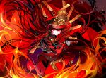  1girl cape family_crest fate/grand_order fate_(series) fire gloves hat hi_(wshw5728) highres holding holding_sword holding_weapon katana long_hair long_sleeves military_hat military_uniform oda_nobunaga_(fate) oda_uri peaked_cap red_cape red_eyes solo sword uniform very_long_hair weapon 