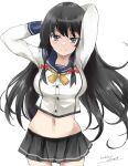  1girl arms_behind_head arms_up artist_name black_hair black_skirt blush breasts closed_mouth cowboy_shot dated gakky grey_eyes isokaze_(kancolle) kantai_collection long_hair long_sleeves looking_at_viewer medium_breasts midriff navel one-hour_drawing_challenge pleated_skirt school_uniform serafuku shirt simple_background skirt smile solo white_background white_shirt 