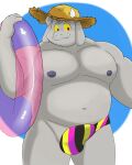  anthro bovid bulge caprine clothing enfer_belial fur goat goenym grey_body grey_fur hat headgear headwear hi_res horn kings_of_hell male mammal muscular muscular_anthro muscular_male navel nipples pecs solo speedo straw_hat swim_ring swimwear 