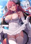  1girl black_wings blush breasts cowboy_shot demon_tail demon_wings dress elbow_gloves fang gloves hair_between_eyes head_wings highres koakuma large_breasts long_hair open_mouth pointy_ears red_eyes red_hair smile solo tail thighhighs touhou white_dress white_gloves white_thighhighs wings wowoguni 