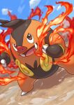  brown_eyes claws cloud commentary_request day fire legs_apart open_mouth outdoors pignite pokemon pokemon_(creature) sky solo standing tominakami tongue tusks 