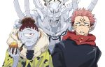  black_jacket clenched_teeth colored_skin double_v facial_tattoo holding holding_smoking_pipe hood hood_down hoodie itadori_yuuji jacket jogo_(jujutsu_kaisen) jujutsu_kaisen mahoraga_(jujutsu_kaisen) male_focus momomatang multiple_boys one-eyed red_eyes red_hair red_hoodie ryoumen_sukuna_(jujutsu_kaisen) simple_background smoking_pipe sweat tattoo teeth undercut upper_body v white_background white_skin 