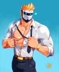  1boy abs absurdres artist_logo artist_name bara bare_pectorals blonde_hair blue_background blush clothes_pull collared_shirt covered_face glowing glowing_eyes heart highres indie_virtual_youtuber large_pectorals leather leather_belt male_focus manly mask masked_himbo_(silvyspark) mature_male mondoart muscular muscular_male necktie necktie_grab neckwear_grab nipples one_eye_closed pants partially_unbuttoned pectorals shirt shirt_pull solo spiked_hair superman_exposure thick_arms virtual_youtuber watch 