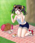  1girl bento black_hair breasts camisole chopsticks denim denim_shorts eyewear_on_head grass highres holding holding_chopsticks kneeling looking_at_viewer love_live! love_live!_school_idol_project midriff open_mouth picnic picnic_basket red_eyes short_shorts shorts small_breasts strap_slip sunglasses thermos tree twintails under_tree yazawa_nico yozora_takayama 