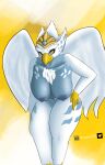  absurd_res accipitrid accipitriform anthro avian bird breasts eagle elelite eris_(legends_of_chima) feathers female gold_(metal) hi_res humanoid legends_of_chima nipples simple_background solo white_body white_feathers wings yellow_eyes 
