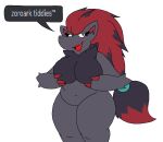  anthro big_breasts black_body black_fur blue_eyes breasts english_text fangs female flat_colors fur generation_5_pokemon grey_body hair hand_on_breast humor inside_joke long_hair looking_at_viewer multicolored_hair nintendo pokemon pokemon_(species) rayoxter587 red_body red_fur seductive simple_background slightly_chubby solo speech_bubble teeth text thick_thighs zoroark 