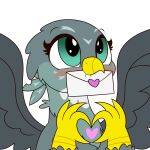  &lt;3 1:1 2021 absurd_res avian beak blush bust_portrait digital_drawing_(artwork) digital_media_(artwork) female feral flat_colors friendship_is_magic fur gabby_(mlp) gesture grey_body grey_fur gryphon hand_heart hasbro hi_res letter mouth_hold mrneo my_little_pony mythological_avian mythology portrait simple_background solo spread_wings teal_eyes white_background wings 