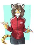  absurd_res adidas_logo alex_marx cigarette clothing felid feline female hi_res lighter mammal pantherine stripes tiger tracksuit 