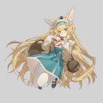  1girl animal_ear_fluff animal_ears animal_on_head arknights bag basket black_footwear blonde_hair blue_skirt bow bowtie commentary fox_ears frilled_hairband frills green_eyes grey_background hairband hands_up heixiu high-waist_skirt highres holding holding_basket lai_dou_laile_555 long_hair long_sleeves looking_at_viewer luo_xiaohei_zhanji official_alternate_costume on_head pantyhose parted_lips red_bow red_bowtie shirt simple_background skirt solo suzuran_(arknights) suzuran_(spring_praise)_(arknights) very_long_hair white_pantyhose white_shirt 