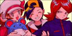  1girl 2boys :d backwards_hat blush brown_eyes brown_hair closed_eyes commentary_request ethan_(pokemon) eyelashes hat highres holding holding_another&#039;s_arm holding_pokemon jacket kwsby_124 lyra_(pokemon) marill multiple_boys open_mouth pokemon pokemon_(creature) ponytail red_eyes red_hair signature silver_(pokemon) simple_background smile teeth 