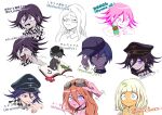  2boys 3girls bare_shoulders black_hair black_headwear blunt_bangs blush_stickers book brown_eyes car commentary_request crocodile crocodilian danganronpa_(series) danganronpa_v3:_killing_harmony dark-skinned_female dark_skin flipped_hair food hair_between_eyes hat highres ice_cream ice_cream_cone iruma_miu jewelry magnifying_glass motor_vehicle multicolored_hair multiple_boys multiple_girls necklace oma_kokichi open_book peaked_cap pink_eyes pink_hair purple_hair saihara_shuichi shachoo_(poco_poco) shell_necklace shirogane_tsumugi smile streaked_hair toy translation_request white_background yonaga_angie 