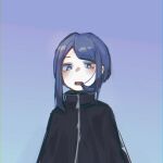  1other annoyed black_cape blue_background blue_eyes blue_hair cape eating_hair gradient_background library_of_ruina pale_skin porccu_200g project_moon short_hair short_hair_with_long_locks sidelocks simple_background the_bookhunter zipper zipper_pull_tab 