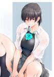  1girl amagami black_eyes black_hair black_one-piece_swimsuit black_socks blue_bow bow breasts commentary_request competition_swimsuit feet_out_of_frame grey_skirt highres large_breasts one-piece_swimsuit pleated_skirt ponytail sasaki_akira_(ugc) see-through see-through_shirt shirt short_hair simple_background sitting skirt smile socks solo swimsuit thighs tsukahara_hibiki wet wet_clothes wet_shirt white_shirt 