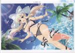  1girl absurdres bare_shoulders bikini blonde_hair blue_eyes bracelet breasts highres jewelry large_breasts long_hair official_art open_mouth page_number palm_tree scan senran_kagura senran_kagura_new_link shiny_skin simple_background smile solo swimsuit thighs tree water water_drop yaegashi_nan 