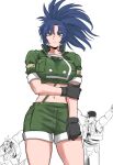  1girl 2boys bandana black_gloves blue_eyes blue_hair clark_still gloves green_jacket green_shorts hat highres holding_own_arm ikari_warriors jacket leona_heidern military military_uniform multiple_boys navel ponytail ralf_jones shorts soso_yu_soso sunglasses suspenders the_king_of_fighters uniform vest white_background 