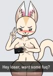  aggressive_retsuko blush breasts canid canine covering covering_self female fennec fenneko fox genitals gesture hi_res majuv mammal nude pussy sanrio selfie solo v_sign 