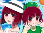  1girl age_progression annu7 arima_kana black_ribbon blue_background bob_cut closed_mouth cloud collarbone commentary dress floating_hair green_dress green_headwear hat hat_ribbon highres inverted_bob long_sleeves looking_at_viewer medium_hair open_mouth oshi_no_ko own_hands_together red_eyes red_hair ribbon shadow sky smile strap sun_hat upper_body white_headwear 