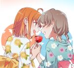 2girls absurdres ahoge blue_kimono candy candy_apple closed_eyes commentary_request floral_print food grey_hair highres holding holding_candy holding_food japanese_clothes kashikaze kimono looking_at_another love_live! love_live!_sunshine!! low_twintails medium_hair multiple_girls obi open_mouth orange_eyes orange_hair orange_ribbon ribbon sash short_twintails smile takami_chika teeth twintails watanabe_you white_kimono yukata yuri 