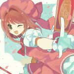  1girl blue_background blush border bow brown_hair cardcaptor_sakura dress gloves green_eyes kinomoto_sakura lowres magical_girl miwasiba multicolored_clothes multicolored_dress one_eye_closed pink_dress pink_headwear puffy_sleeves red_bow sakura_card short_hair solo white_border white_dress white_gloves 