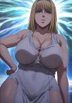  1girl alternate_breast_size black_hairband blonde_hair blue_eyes breasts cleavage closed_mouth commentary dress hairband hand_on_own_hip highres large_breasts looking_at_viewer shexyo shingeki_no_kyojin short_hair sleeveless sleeveless_dress solo thighs white_dress ymir_fritz 