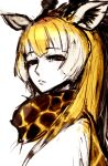  1girl animal_ears black_eyes blonde_hair closed_mouth extra_ears giraffe_ears giraffe_girl giraffe_horns giraffe_print horns ise_(0425) kemono_friends long_hair looking_at_viewer reticulated_giraffe_(kemono_friends) scarf shirt simple_background solo upper_body white_shirt 