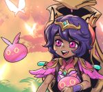  1boy :d black_hair commentary_request dark-skinned_male dark_skin faerie_court_milio fairy freckles gem hair_ornament league_of_legends male_focus milio_(league_of_legends) phantom_ix_row pink_eyes short_hair short_sleeves smile teeth upper_body upper_teeth_only wings 