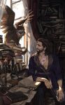  1boy absurdres baldur&#039;s_gate baldur&#039;s_gate_3 bara beard_stubble body_markings book brown_hair candle cat character_request chest_hair dungeons_and_dragons feathered_wings gale_(baldur&#039;s_gate) highres library looking_at_animal male_focus mature_male medium_hair mustache_stubble nyeigneous partially_unbuttoned pectoral_cleavage pectorals slit_pupils smile solo sunlight thick_eyebrows wings 