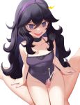  1boy 1girl :d @_@ ^^^ ahoge black_choker black_hair breasts censored choker collarbone commentary_request cum curly_hair ejaculation gazing_eye grey_eyes hair_between_eyes hairband hetero hex_maniac_(pokemon) highres long_hair medium_breasts mosaic_censoring nail_polish one-piece_swimsuit open_mouth penis pokemon pokemon_(game) pokemon_xy purple_hairband purple_nails purple_one-piece_swimsuit raised_eyebrows simple_background smile swimsuit thigh_sex tongue white_background 