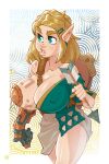  2023 arrow_(weapon) big_breasts blonde_hair breasts clothed clothing doppledadko female green_eyes hair hi_res huge_breasts humanoid humanoid_pointy_ears hylian nintendo nipple_outline not_furry princess_zelda ranged_weapon solo tears_of_the_kingdom the_legend_of_zelda weapon 