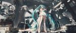  1girl absurdres aqua_eyes aqua_hair bird bow commentary_request dress duona full_body hair_bow hatsune_miku high_heels highres holding holding_microphone long_hair looking_at_viewer microphone single_thighhigh sleeveless sleeveless_dress solo speaker standing thighhighs twintails very_long_hair vocaloid white_bow white_dress white_footwear white_thighhighs 