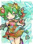  1girl detached_sleeves doradorakingyo draco_centauros dragon_tail dragon_wings eyelashes fang firing flower green_eyes green_hair green_wings hibiscus holding holding_water_gun horns looking_at_viewer midriff_peek open_mouth pointy_ears puyopuyo puyopuyo_quest red_flower red_shirt red_skirt shirt skirt solo tail water water_gun wings yellow_flower yellow_horns 