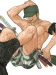  1boy bara black_footwear boots bottle camouflage camouflage_shorts foreshortening hat_over_eyes highres knees_up long_sideburns male_focus one_piece pectorals roronoa_zoro sake_bottle scar scar_across_eye scar_on_chest sheath sheathed short_hair shorts sideburns sitting solo sweat toned toned_male tongue tongue_out topless_male urasanmyaku very_sweaty 
