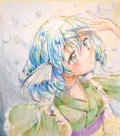  1girl blue_background blue_hair breasts bubble fins green_kimono head_fins highres in_water japanese_clothes kimono medium_hair orya_422 solo submerged touhou wakasagihime water yellow_eyes 