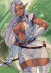  1girl absurdres boots breasts brown_eyes circlet cleavage cowboy_shot dark-skinned_female dark_elf dark_skin dress elf floating_hair gloves highres holding holding_sword holding_weapon kagematsuri long_hair medium_breasts outdoors parted_lips pirotess pointy_ears record_of_lodoss_war sheath short_dress sleeveless sleeveless_dress solo standing straight_hair sword thigh_boots very_long_hair weapon white_dress white_footwear white_gloves white_hair zettai_ryouiki 