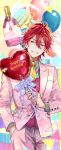  1boy alternate_costume amagi_rinne aqua_eyes balloon breast_pocket btpb0912 buttons collared_shirt commentary_request cowboy_shot earrings ensemble_stars! fingernails formal hair_between_eyes hand_in_pocket happy_birthday heart_balloon highres holding holding_balloon jewelry layered_clothes long_sleeves necktie pocket red_hair ribbon shirt short_hair smile solo suit teeth yellow_necktie 