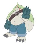  :3 ammo_belt anthro bandai_namco beady_eyes belly bottomwear claws clothing denim denim_clothing digimon digimon_(species) gargomon gun_arm hi_res horn jacotomo jeans long_ears male navel overweight pants shirtless solo toe_claws 