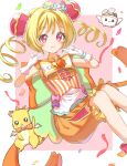  1girl :3 blonde_hair brooch bun_cover closed_mouth commentary_request confetti cure_yum-yum daopon delicious_party_precure dragon dress gloves hair_bun hanamichi_ran heart_brooch highres jewelry long_hair looking_at_viewer magical_girl mem-mem_(precure) orange_dress pink_background pointing pointing_at_self precure red_eyes triple_bun two_side_up white_gloves white_stripes 