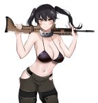  1girl absurdres azmi_yudista bare_arms bare_shoulders bikini bikini_top_only black_hair breasts closed_mouth commission contrapposto cowboy_shot en&#039;en_no_shouboutai glint grey_pants gun hands_up highres hip_vent holding holding_gun holding_weapon large_breasts looking_at_viewer navel pants rifle simple_background slit_pupils smile solo stomach swimsuit tamaki_kotatsu twintails weapon white_background yellow_eyes 