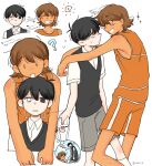  2boys ? black_eyes black_hair black_sweater_vest brown_eyes brown_hair closed_mouth collared_shirt dark-skinned_male dark_skin grin highres kel_(omori) multiple_boys omori orange_shorts parted_lips shirt short_hair short_sleeves shorts smile socks spoilers sunny_(omori) sweater_vest teeth ud01f white_shirt white_socks 