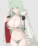  1girl absurdres animal_ear_fluff animal_ears arknights arm_up bikini blush breasts cat_ears cleavage clenched_teeth coat cowboy_shot green_eyes green_hair grey_background grey_bikini harmonie_(arknights) highres kinoko_hakushaku large_breasts long_hair looking_at_viewer navel open_clothes open_coat parted_lips simple_background solo swimsuit teeth v-shaped_eyebrows very_long_hair white_coat 