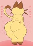  &lt;3 anthro big_butt blush butt butt_markings capcom digital_media_(artwork) domestic_cat felid feline felis happy_birthday hi_res male mammal markings monster_hunter navirou nude overweight overweight_anthro overweight_male pink_background rear_view simple_background solo standing tail text thick_thighs wide_hips zlut385 