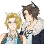  2boys animal_ears belt_buckle black_jacket blonde_hair blue_eyes brown_hair buckle cat_boy cat_ears collared_shirt dissidia_final_fantasy expressionless final_fantasy final_fantasy_ix final_fantasy_viii frilled_shirt frills fur-trimmed_jacket fur_trim high_collar highres jacket jewelry male_focus multiple_boys necklace nini_tw99 open_clothes open_jacket scar scar_on_face scar_on_forehead shirt short_hair simple_background smile squall_leonhart v-neck white_background white_shirt zidane_tribal 