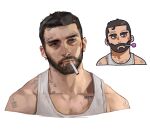  1boy beard blood brown_hair candy cigarette cropped_torso earrings facial_hair food grey_eyes jewelry lollipop male_focus mouth_hold multiple_views original rinotuna shadow short_hair simple_background tank_top tattoo white_background white_tank_top 
