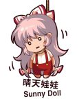  1girl bilingual bow chinese_text english_text fujiwara_no_mokou hair_bow hanged jokanhiyou mixed-language_text noose pants red_pants simple_background simplified_chinese_text solo suspenders touhou white_background white_bow 