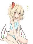  1girl alternate_costume bare_arms bare_legs barefoot blush breasts closed_mouth commentary_request crystal flandre_scarlet groin hair_between_eyes highres long_hair looking_at_viewer low_wings no_headwear nono54558 notice_lines one_side_up petite pink_eyes pointy_ears simple_background sketch small_breasts solo touhou v_arms wavy_mouth white_background wings 